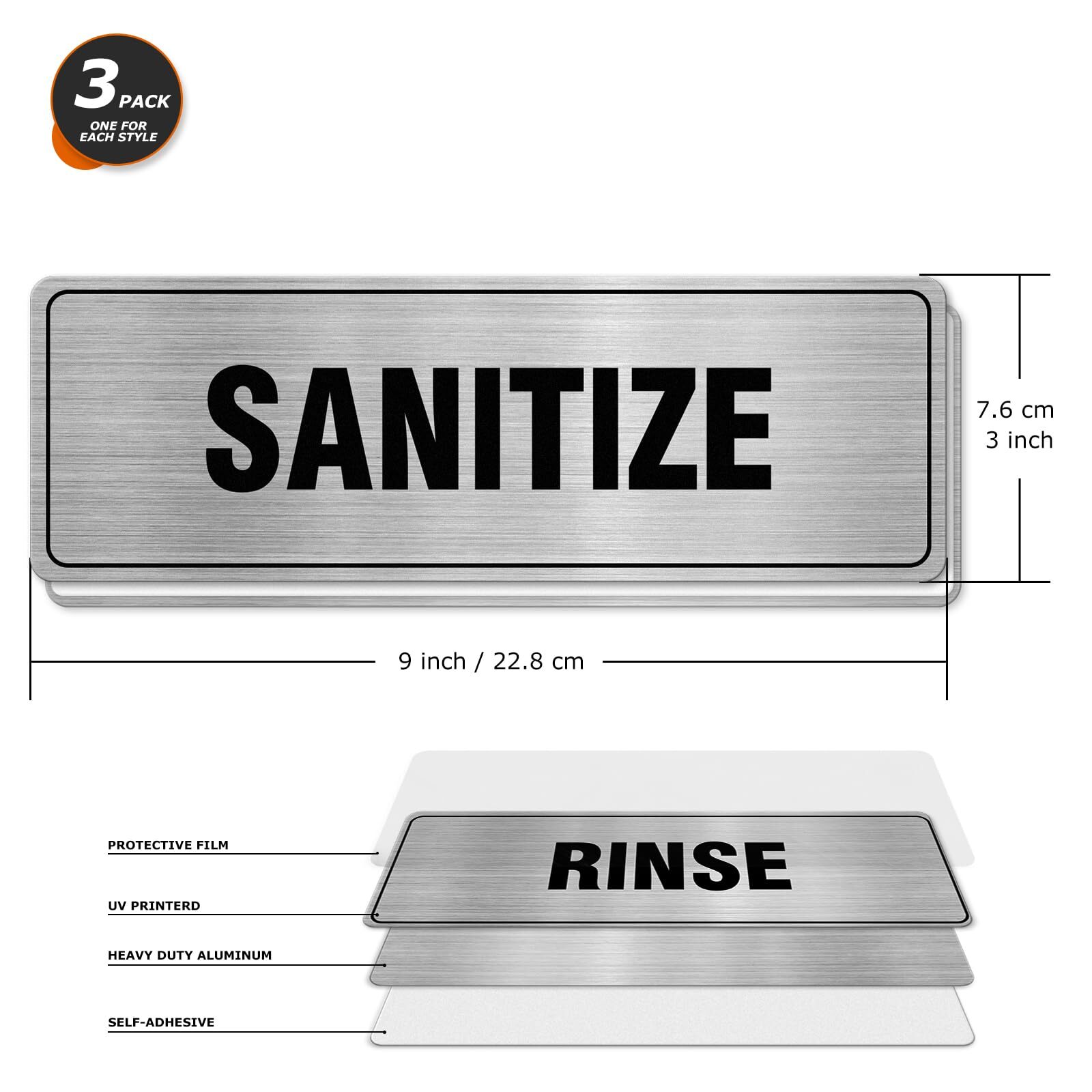 Wash Rinse Sanitize Sign Aluminum Silver 9 x 3 Inches Self-Adhesive Waterproo…