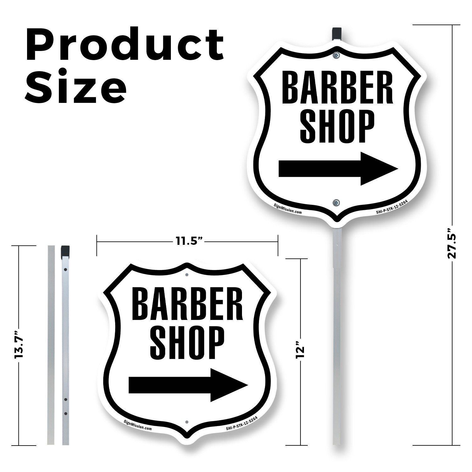 Barber Shop Right Arrow Shield Shaped Sign With Stake Crafted in the USA