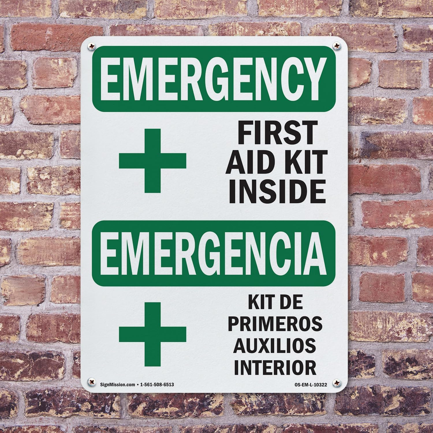 First Aid Kit inside Bilingual OSHA Emergency Rigid Plastic Sign 18 Inch X 12 In