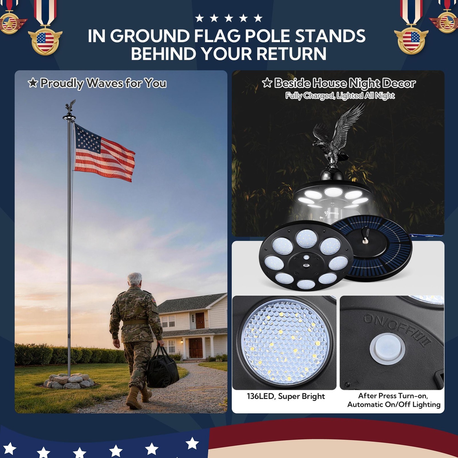 Yescom 20&prime; Sectional Aluminum Flag Pole Kit w/ Solar Light US Flag Eagle Topper