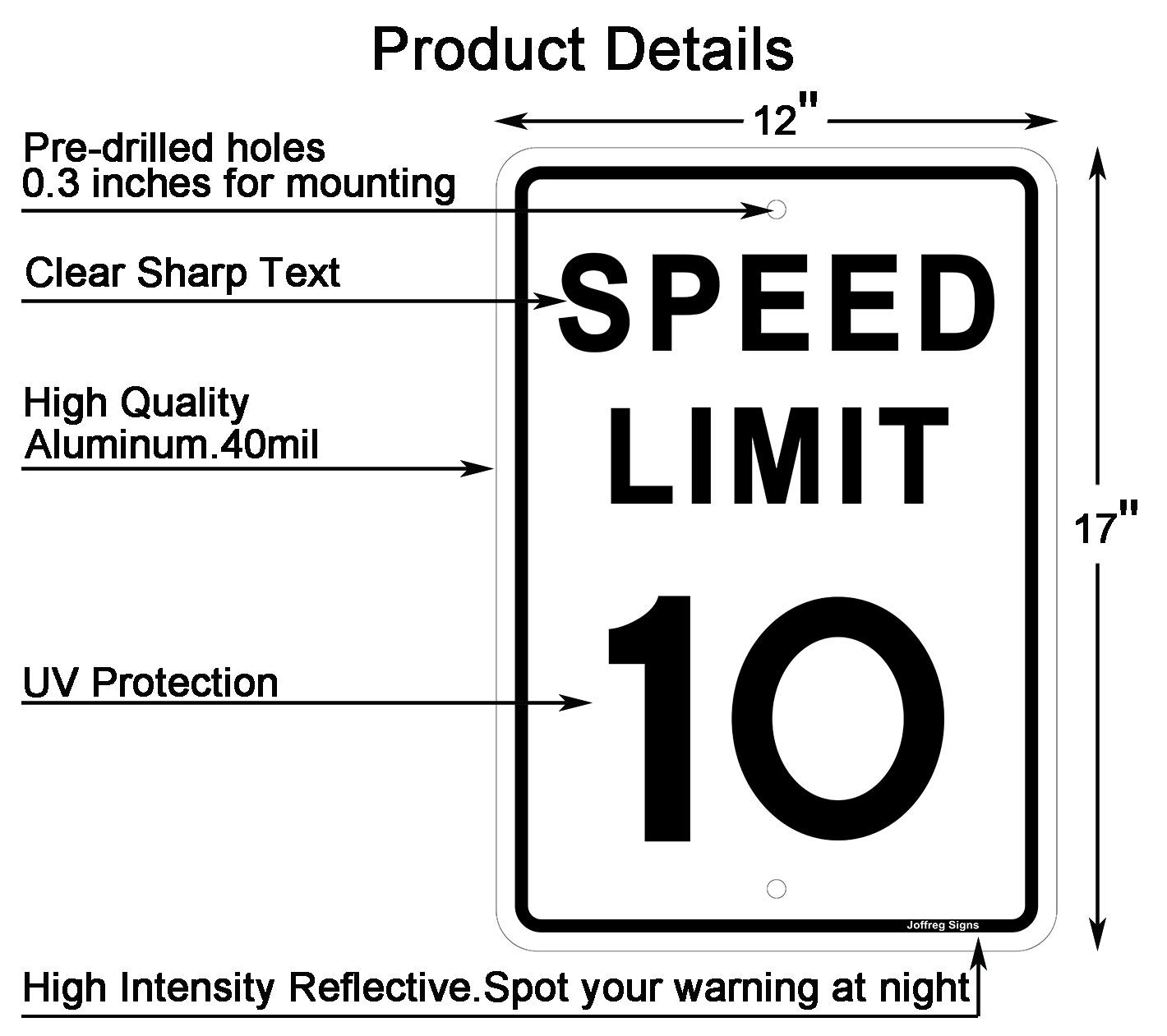 17×12 Inch Speed Limit 10 MPH Reflective Aluminum Safety Road Sign 2 PCS