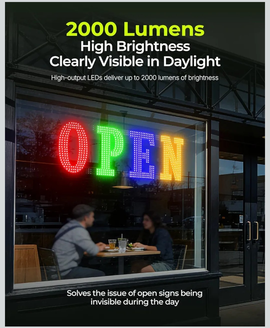 Multi-Color OPEN Sign, 40&Prime; x 14&Prime;, Adjustable Brightness & Flash Speed, Remote