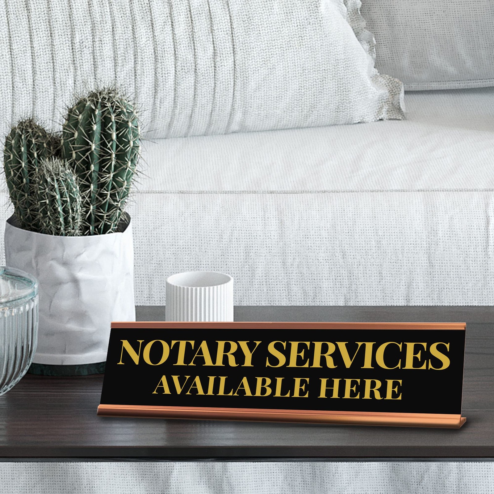 Signs ByLITA Notary Services Available Here Gold Frame Desk Sign (2×8&Prime;)