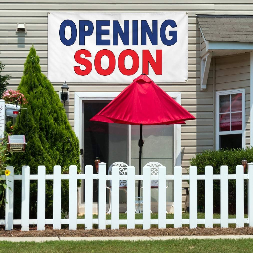 Vinyl Banner Multiple Sizes Opening Soon Blue Red B Business Outdoor Weatherproo