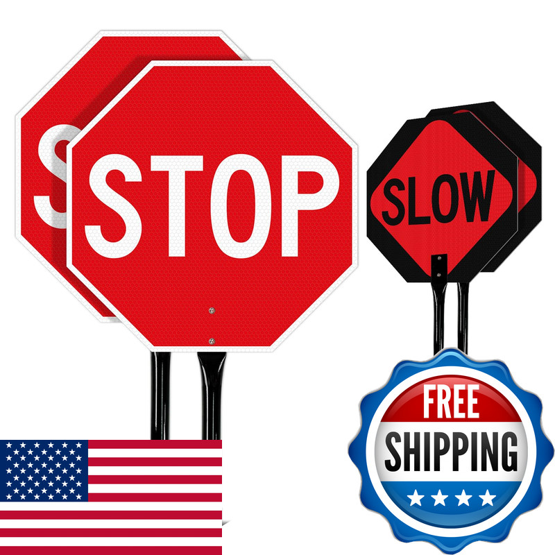 Gicnkeuz Stop Slow Sign Metal Handle 18X18 Inches Double Sided Slow/Stop Sign