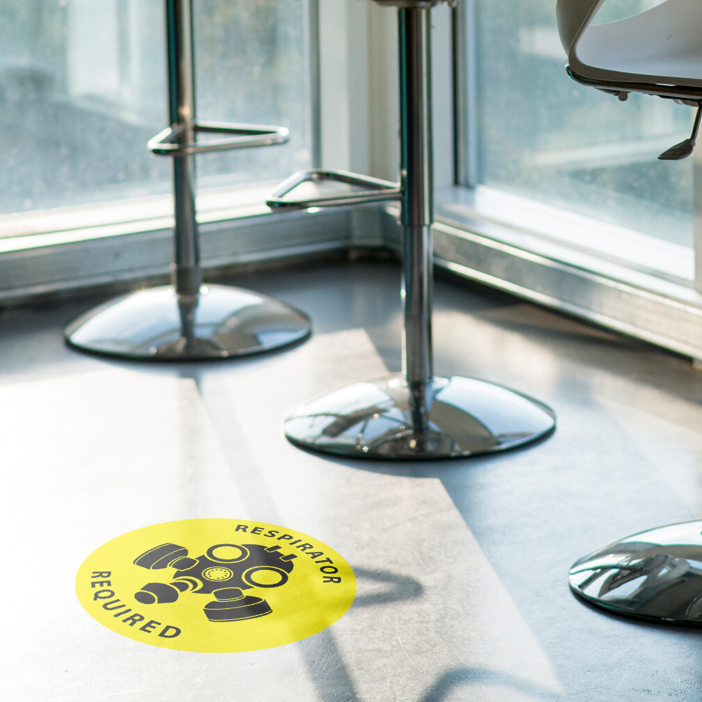 Floor Decals Respirator Required Yellow Anti-Slip Round Shape Signs Stickers