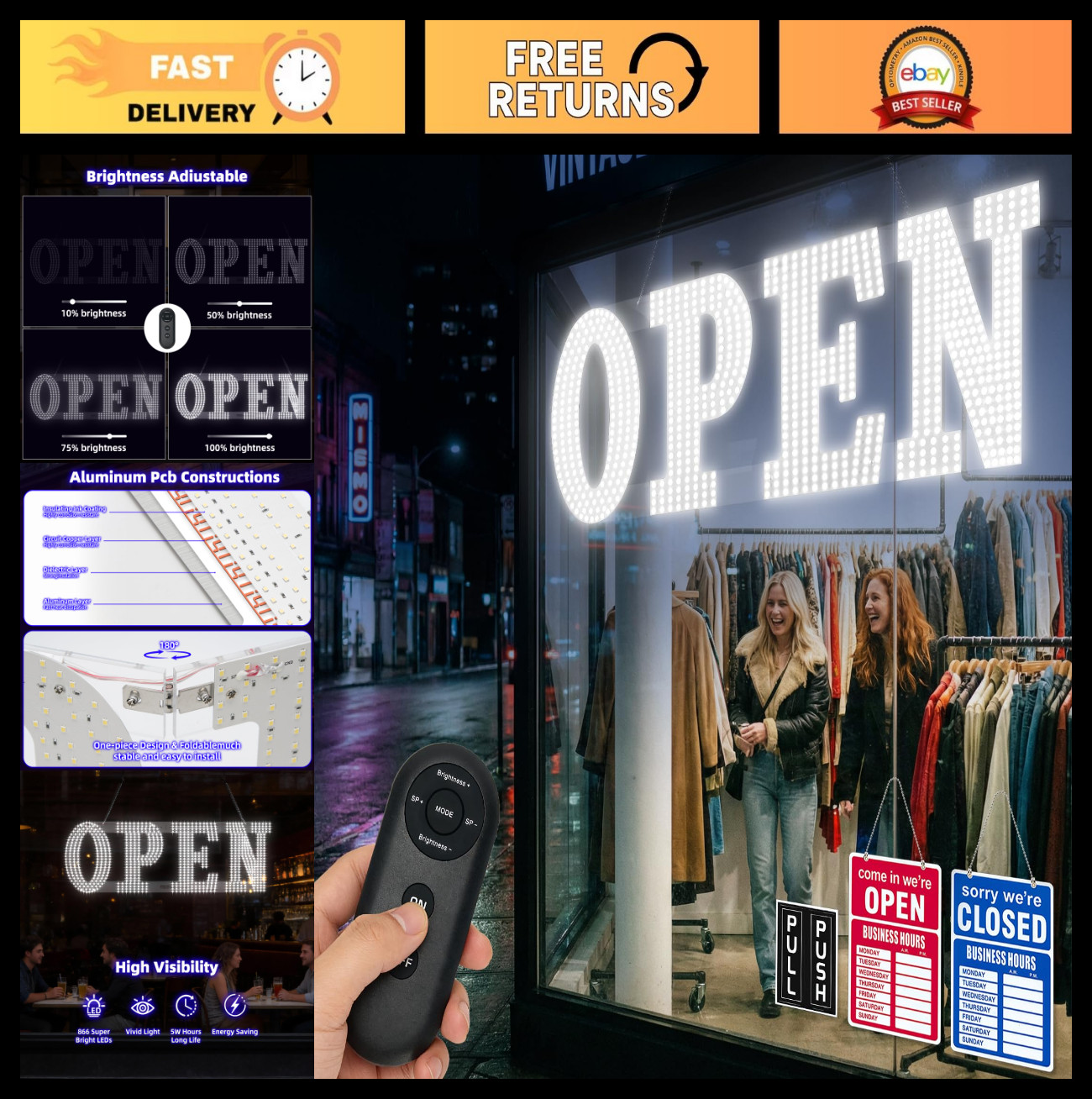 Large 30&Prime;x10&Prime; Bright LED Open Sign – High Visibility for Stores, Restaurants, Ba