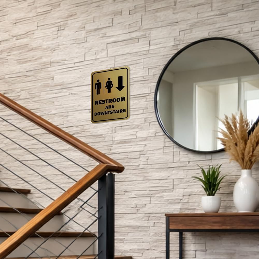 Portrait Round Restrooms Are Downstairs Sign Black Large Wall Mount Display