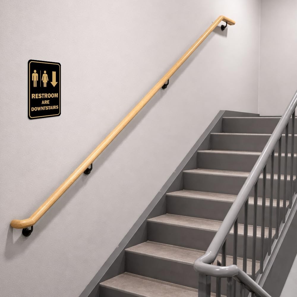 Portrait Round Restrooms Are Downstairs Sign Black Large Wall Mount Display