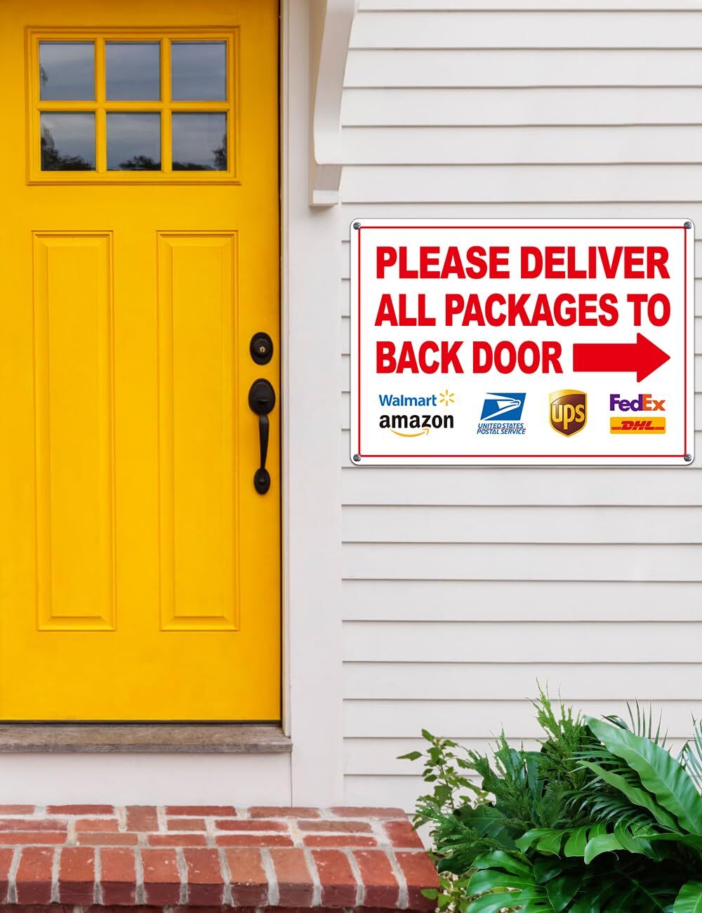Please Deliver Packages Back Door Sign 14×10&Prime; Weatherproof Arrows 2-Pack