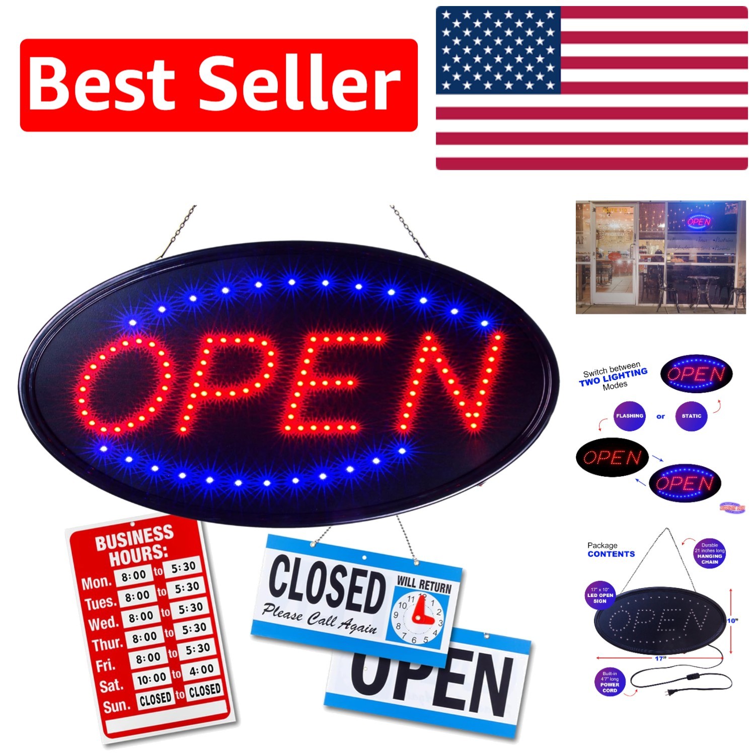 Neon Open Sign for Business: LED Display with Flashing Mode & Custom Hours