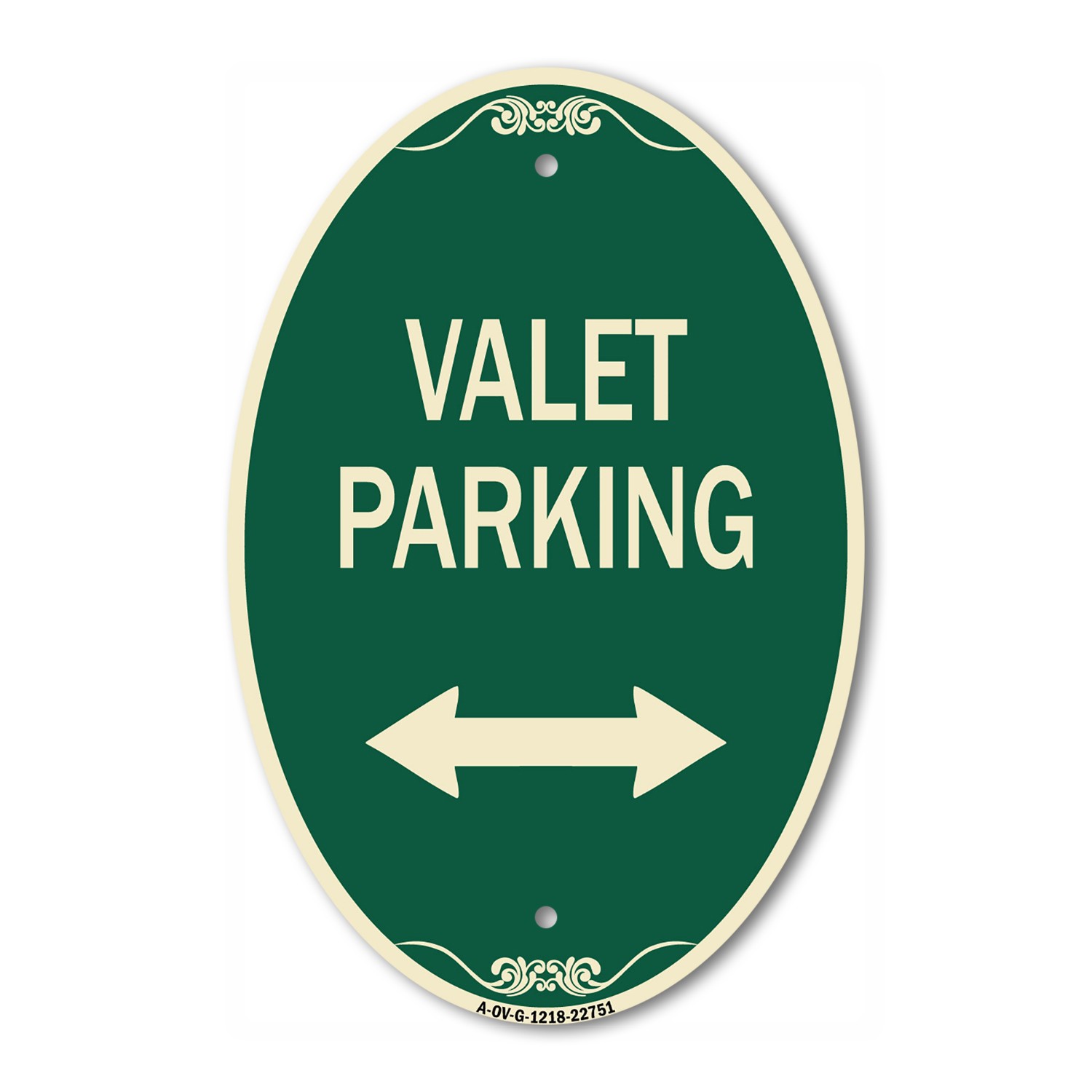 Valet Parking with Bidirectional Arrow 12&Prime; x 18&Prime; Green & Tan Aluminum Oval Sign