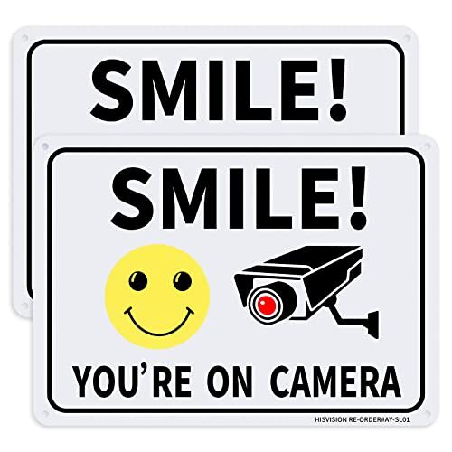 Smile You&rsquo;re On Camera Signs, Video Surveillance Aluminum Warning Sign, 2 Pack