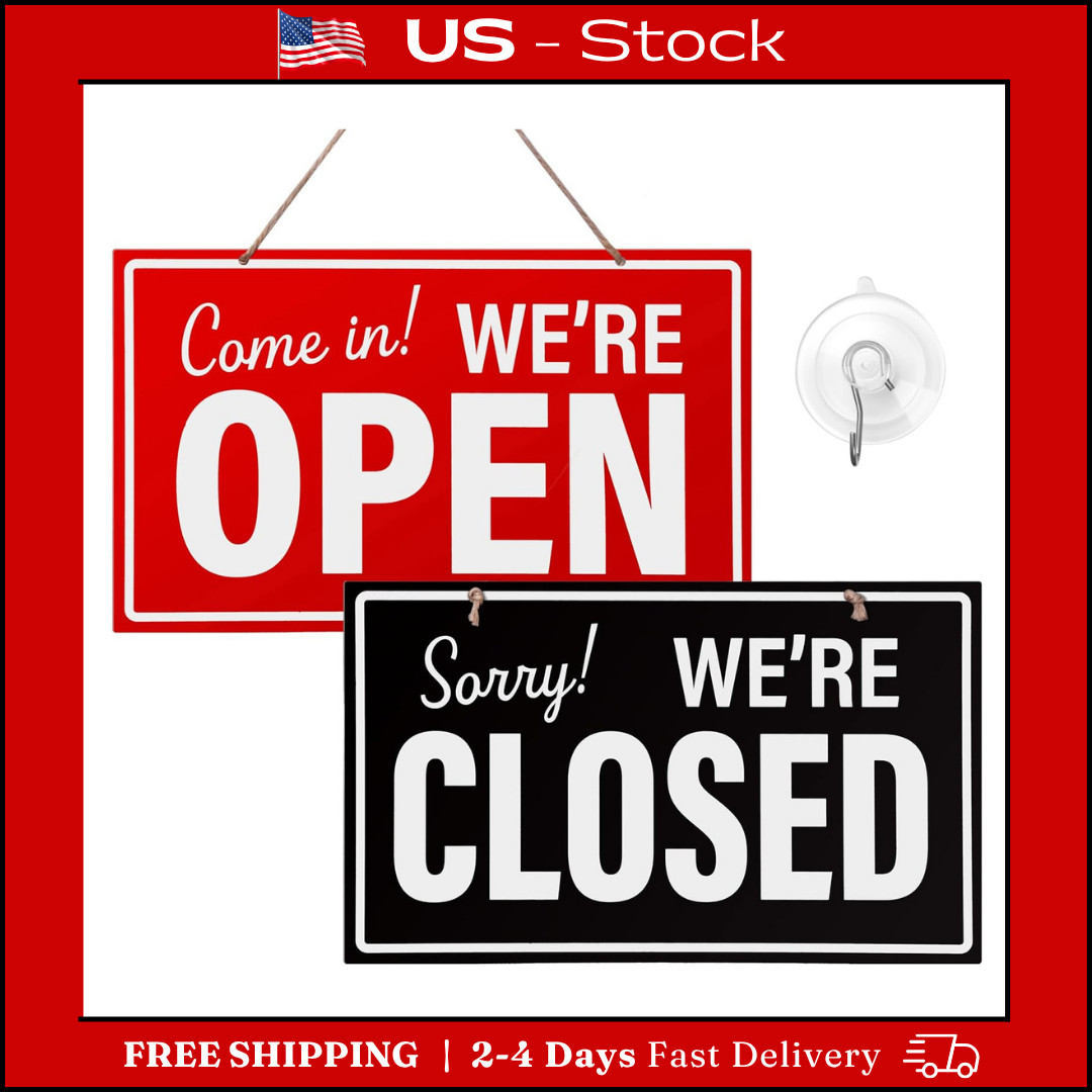 Open Closed Sign for Business, 10&Prime; X 6&Prime; Double Sided Plastic Sign with Twine, Su