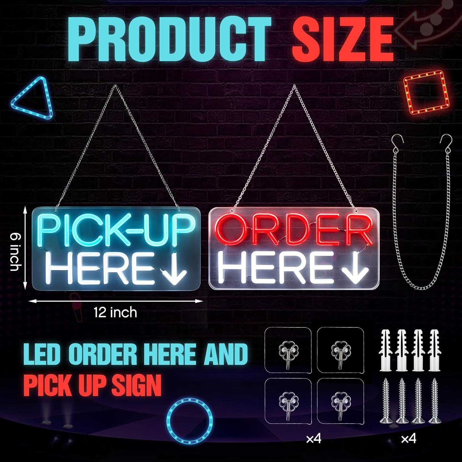 LED Order & Pick Up Here Signs – 2 Pack Neon Wall Decor for Business