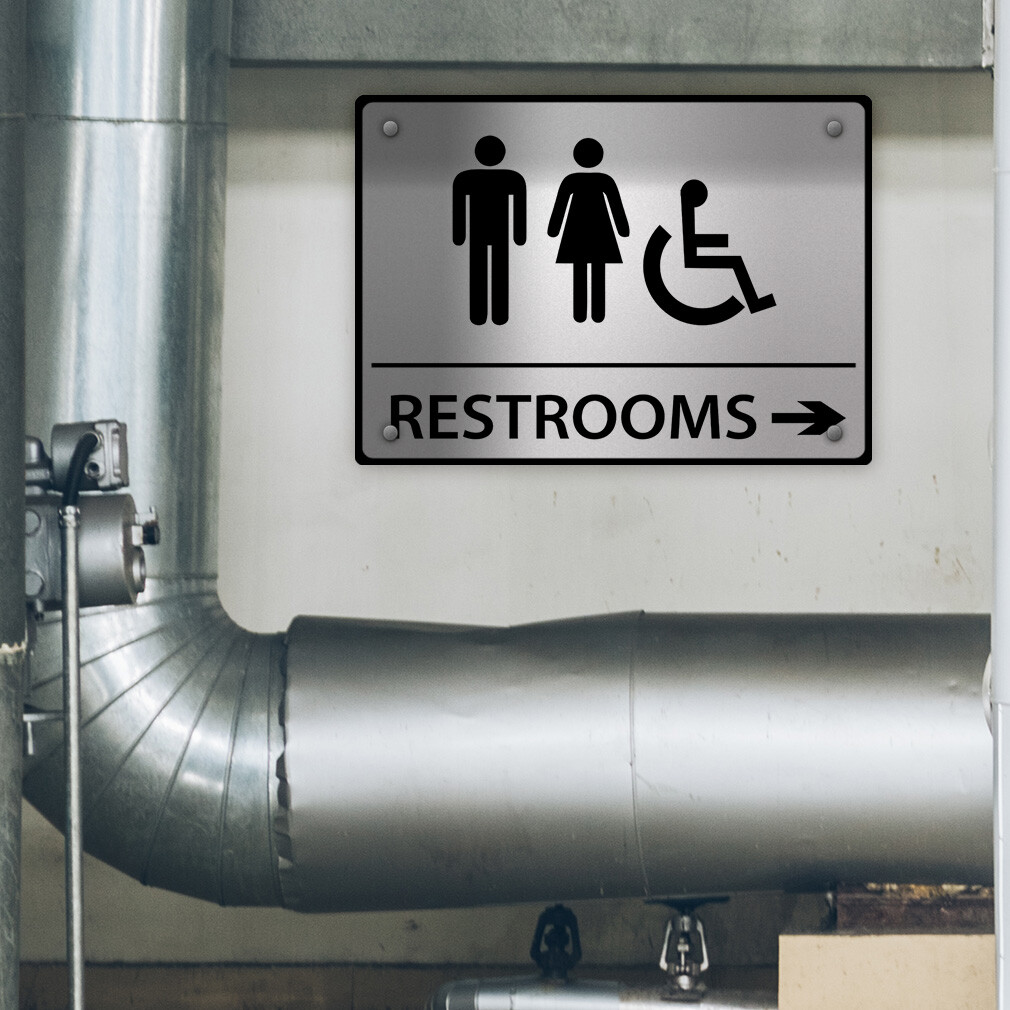 Horizontal Metal Sign Restrooms Right Directional Brushed Aluminum Left