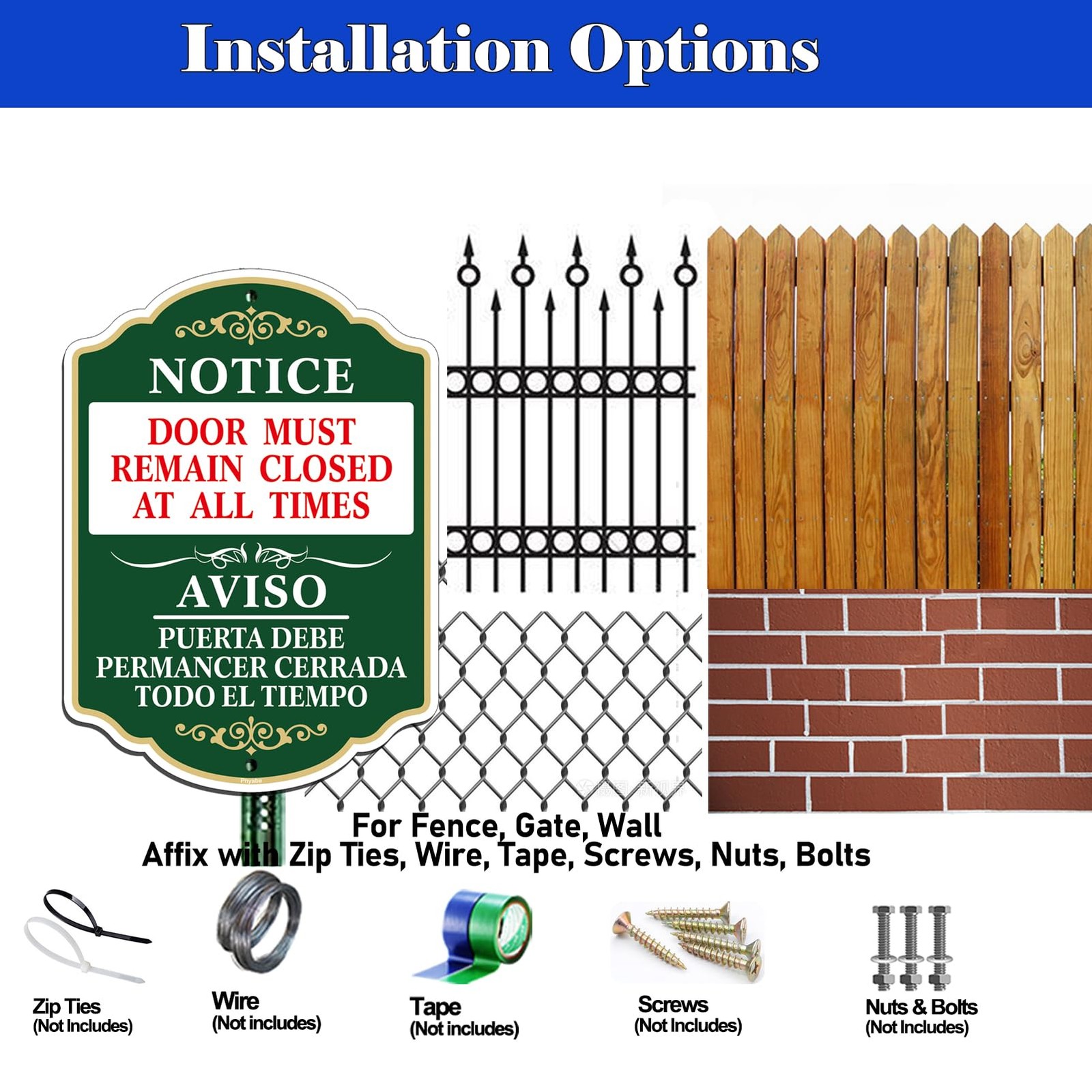 2 Pack Notice Door Must Remain Closed Sign Bilingual English Spanish 10×7 In