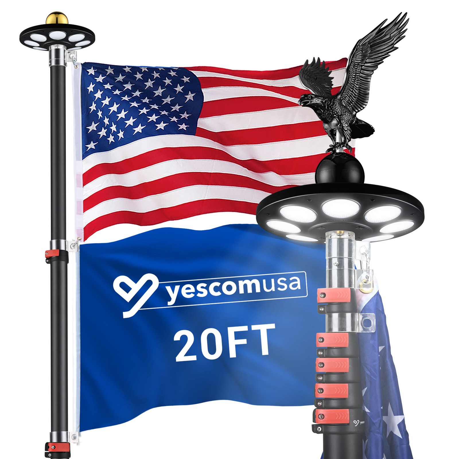 Yescom EZ GO 20&prime; Telescopic Flag Pole Kit Solar Light US Flag Eagle Topper Black