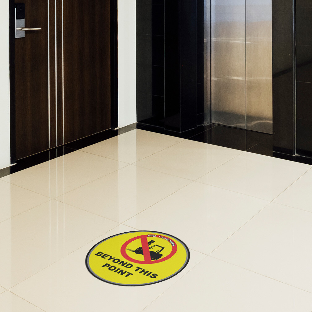 Floor Decals No Forklifts Beyond This Point Yellow Red Anti-Slip Round Shape