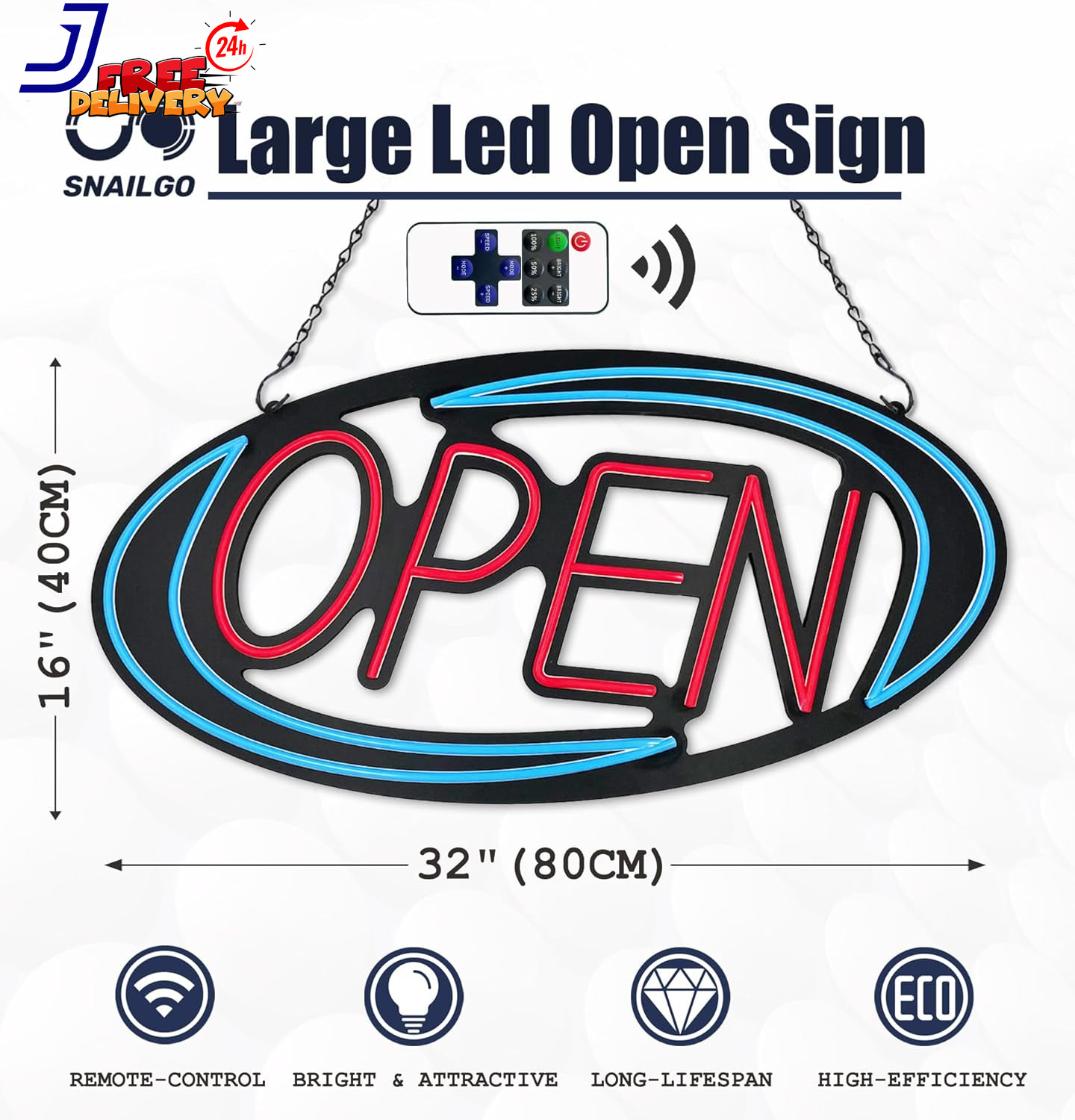 Bright LED Open Sign for Business 32×16 Inch with Remote Control & Flashing