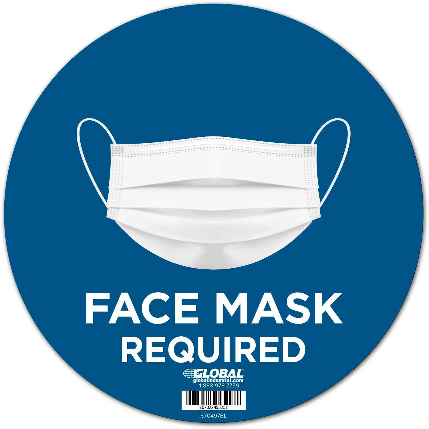 Global Industrial8482; 12&Prime; Round Face Mask Required Wall Sign Blue Adhesive