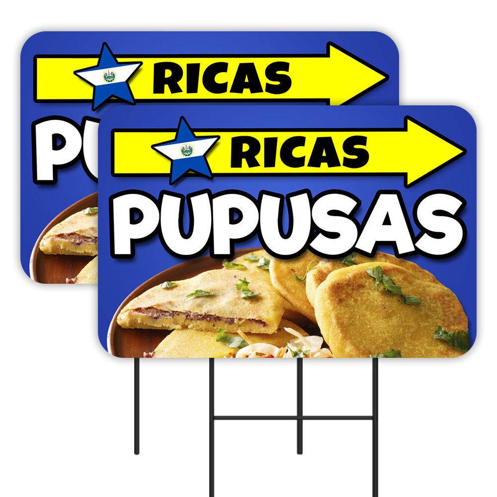 Ricas Pupusas 2 Pack Double-Sided Yard Signs 16&Prime; x 24&Prime; with Metal Stakes (Made i