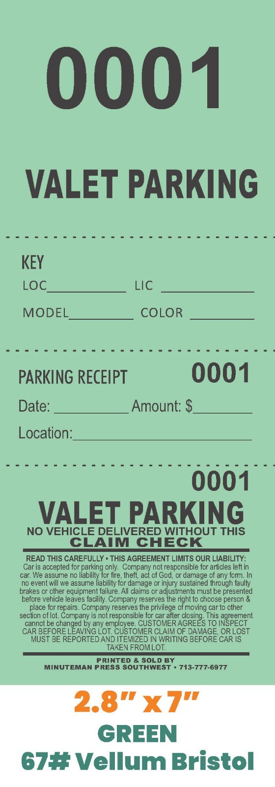 Valet Parking Tickets (1000) – KEY TICKET – PARKING RECEIPT – STUB