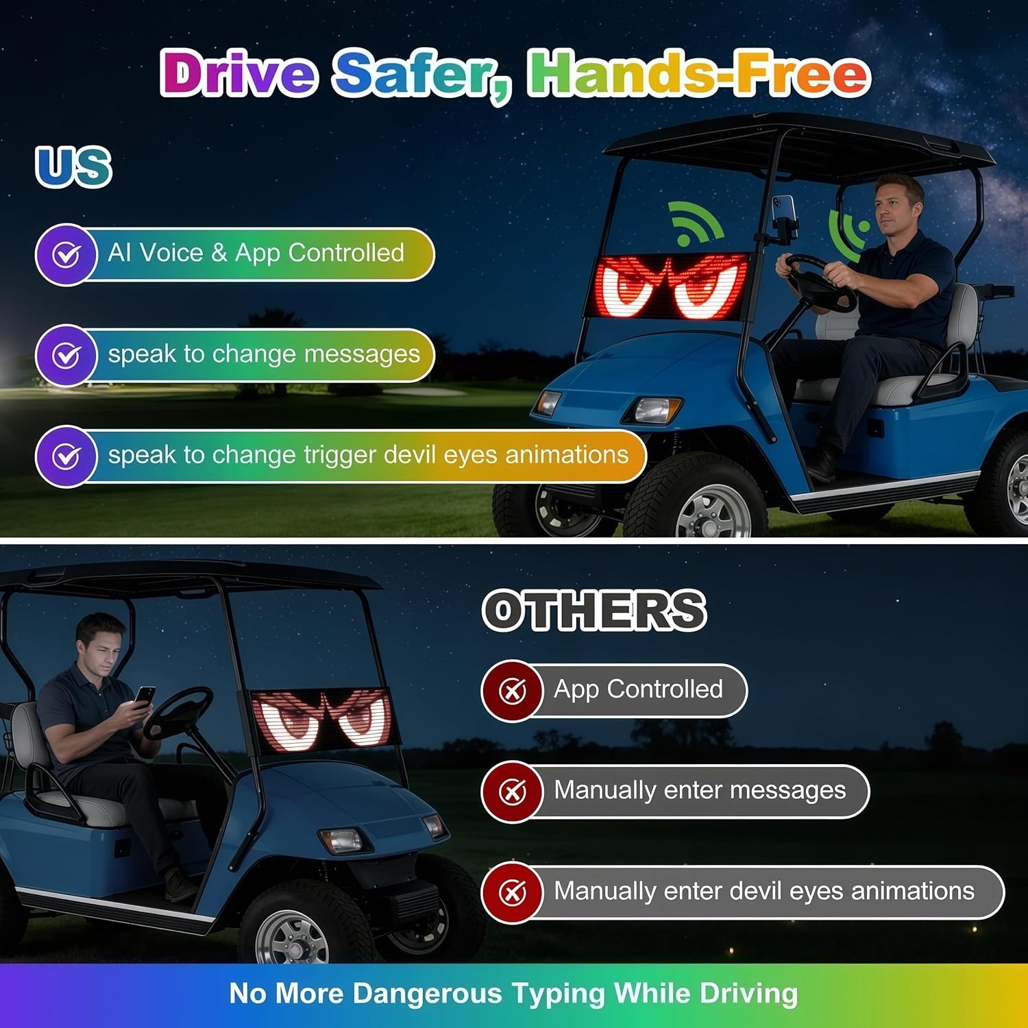 AI Voice Controlled Golf Cart Devil Eyes Light Sign& Led Eyes for Car Windshield