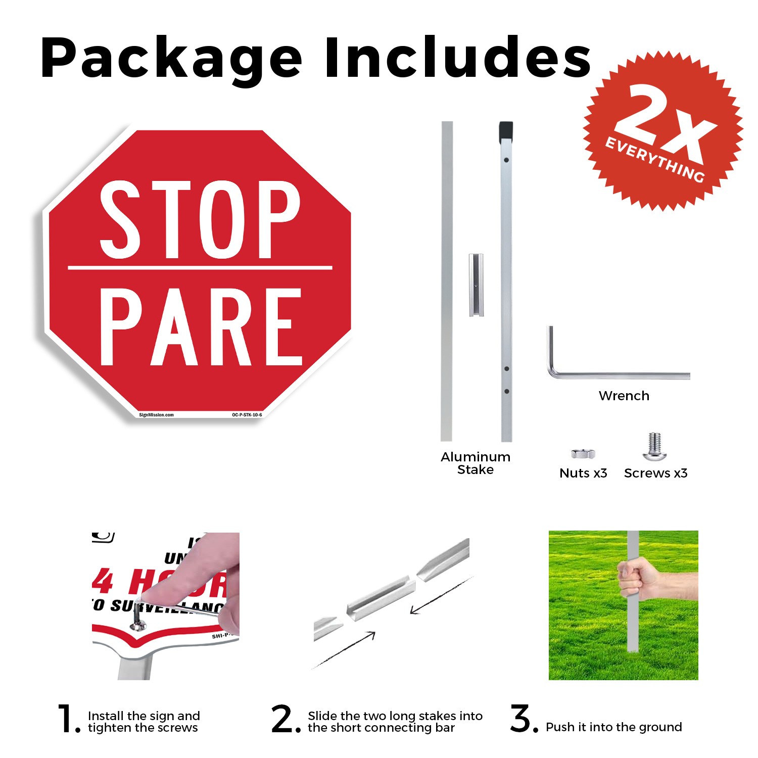 Stop Pare Octagon Sign With Stake Weather Resistant UV Protected Made in the USA
