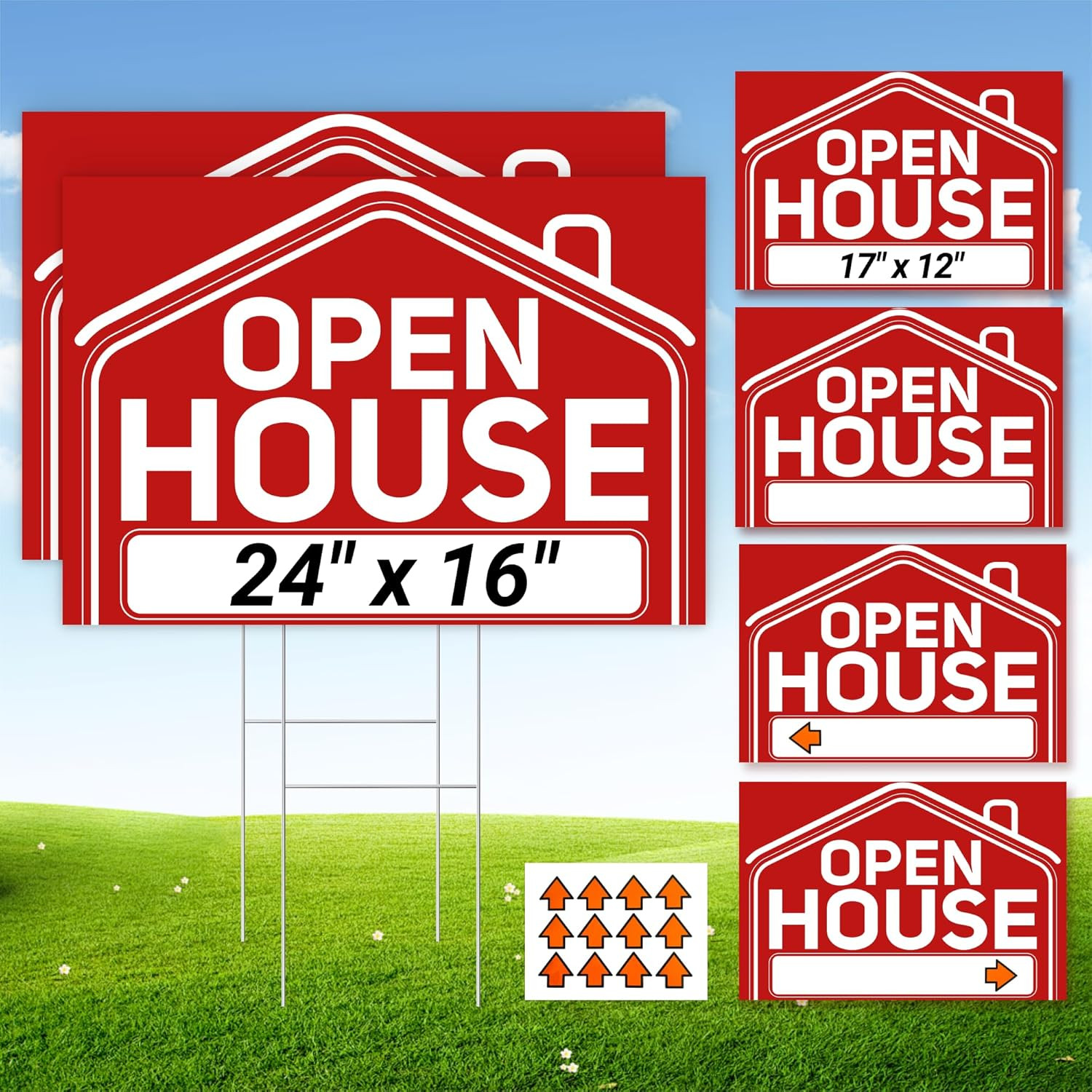 6 Pcs Open House Signs for Real Estate, 2 Pcs 24&Prime; x 16&Prime; and 4 Pcs 17&Prime; x 12&Prime; Open