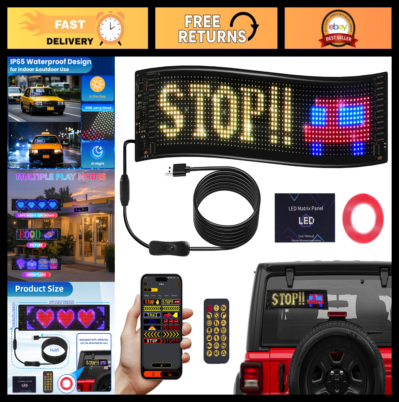 Customizable Scrolling LED Sign 14.7&Prime;x3.6&Prime; – USB & App Control, DIY Text & Anima