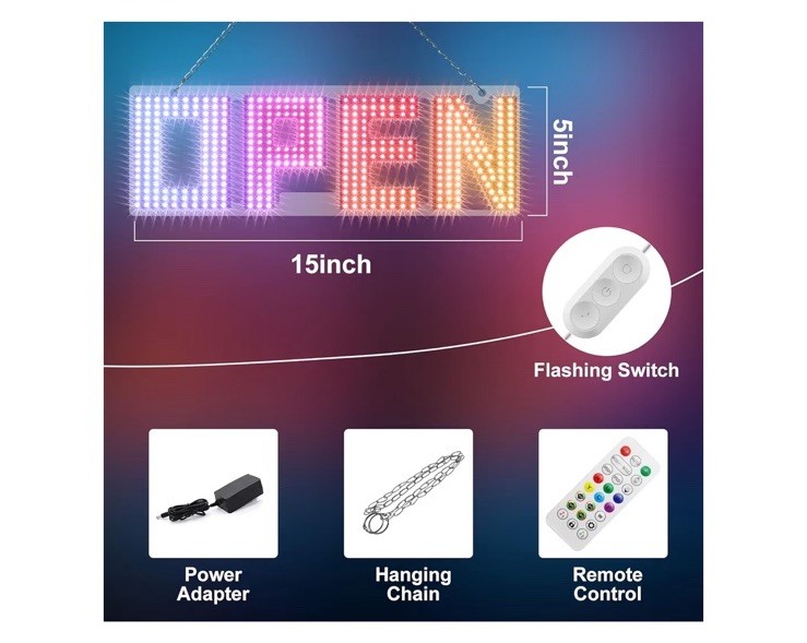 LemonNova 15”x5” LED Open Sign Window Display with Chain & Remote w/ APP