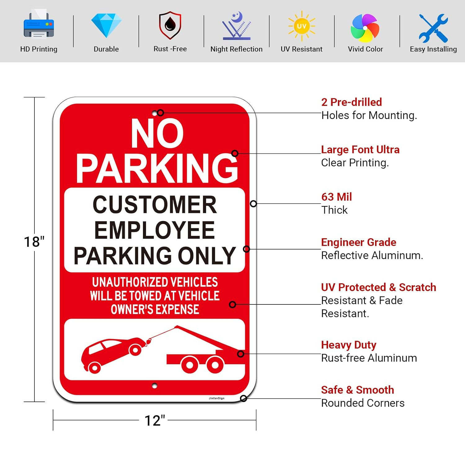 2 Pack Large No Parking Signs, Customer/Employee Parking Only Sign, 18&Prime;X12&Prime; Cust
