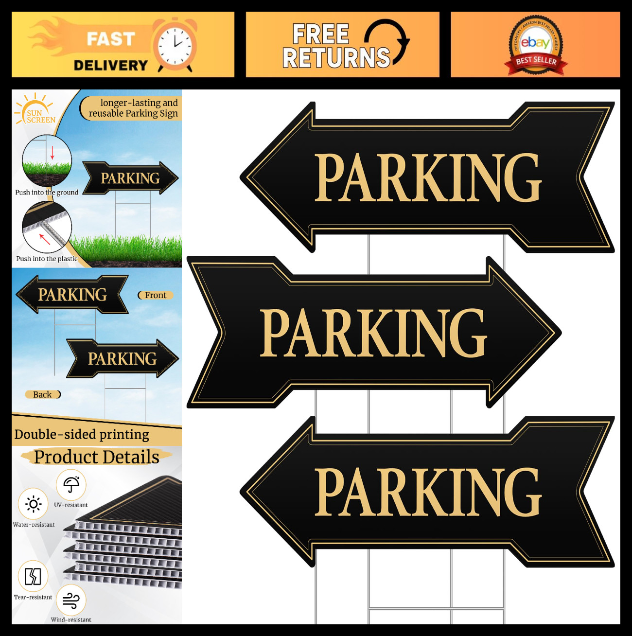 3-Pack Double-Sided Arrow Parking Signs with Metal Stakes – 17×6 Inch Wedding Ev
