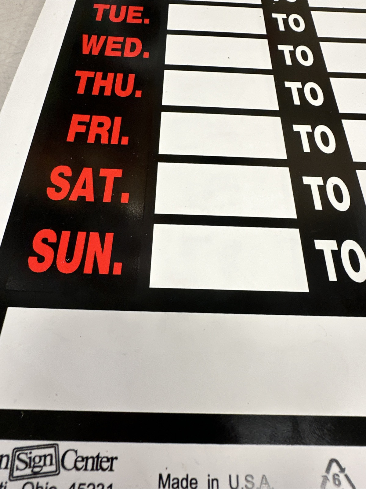 BUSINESS HOURS Window Sign Days of Week 8&Prime;x12&Prime; Hillman 839888 {50}