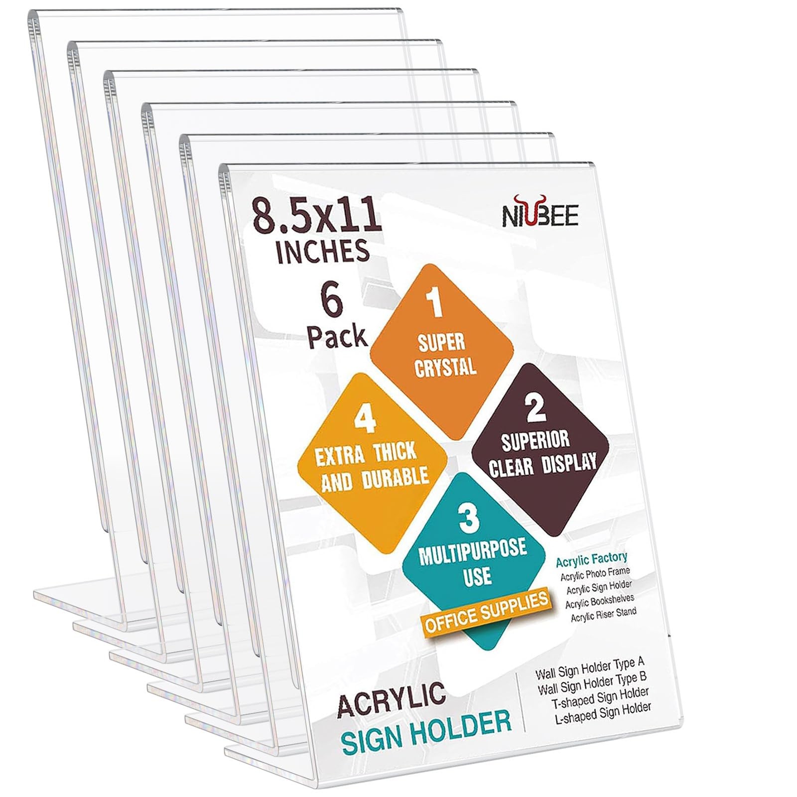NIUBEE 6Pack 8.5×11 Acrylic Sign Holder with Vertical Slanted 8.5×11&Prime;, clear