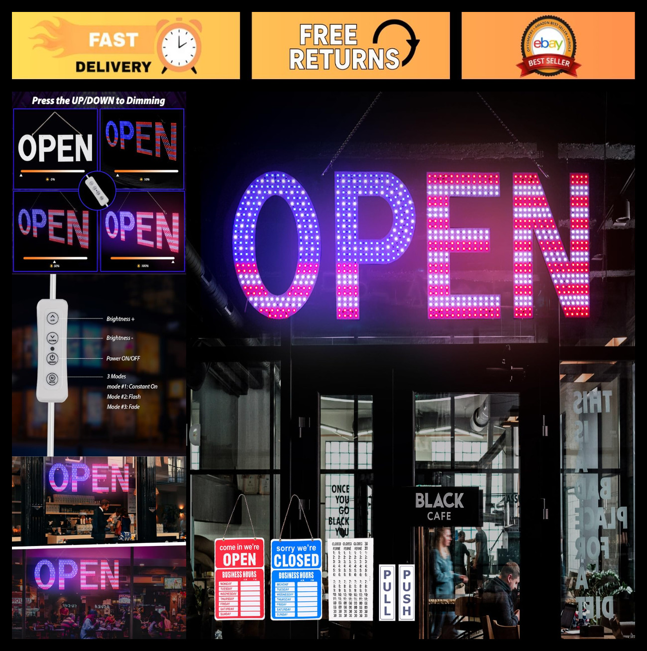 Large LED Open Sign for Business – 40&Prime;x14&Prime; Ultra Bright Light, 3 Modes, US Flag
