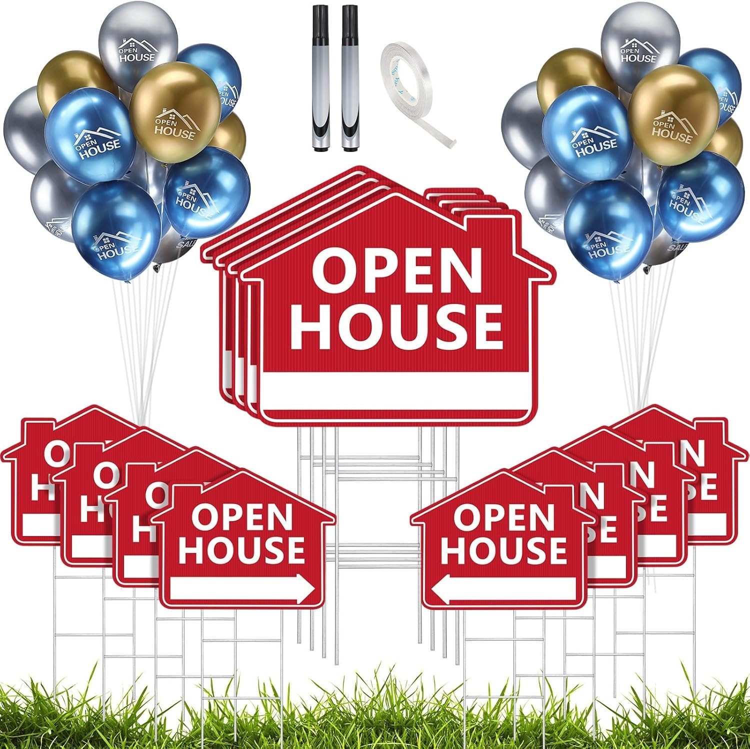 12-Pack Open House Signs with 24 Metallic Balloons – Easy Setup