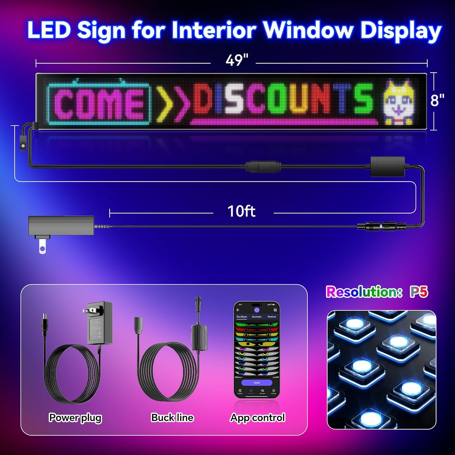 Large Programmable LED Sign for Retail – Bluetooth App, 37&Prime;x8&Prime; Display