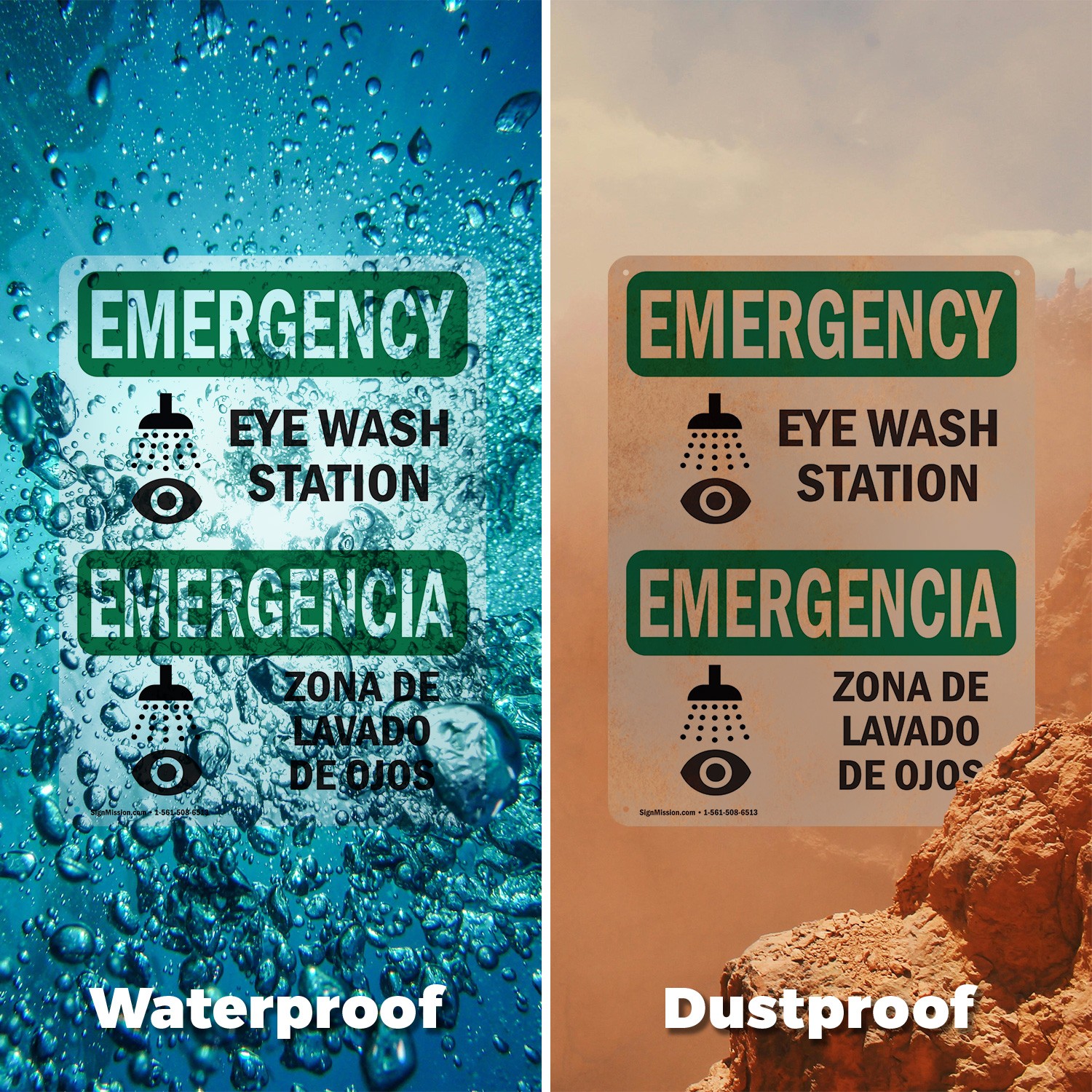 (2 Pack) Eye Wash Station Bilingual OSHA Emergency Sign Decal Metal Plastic