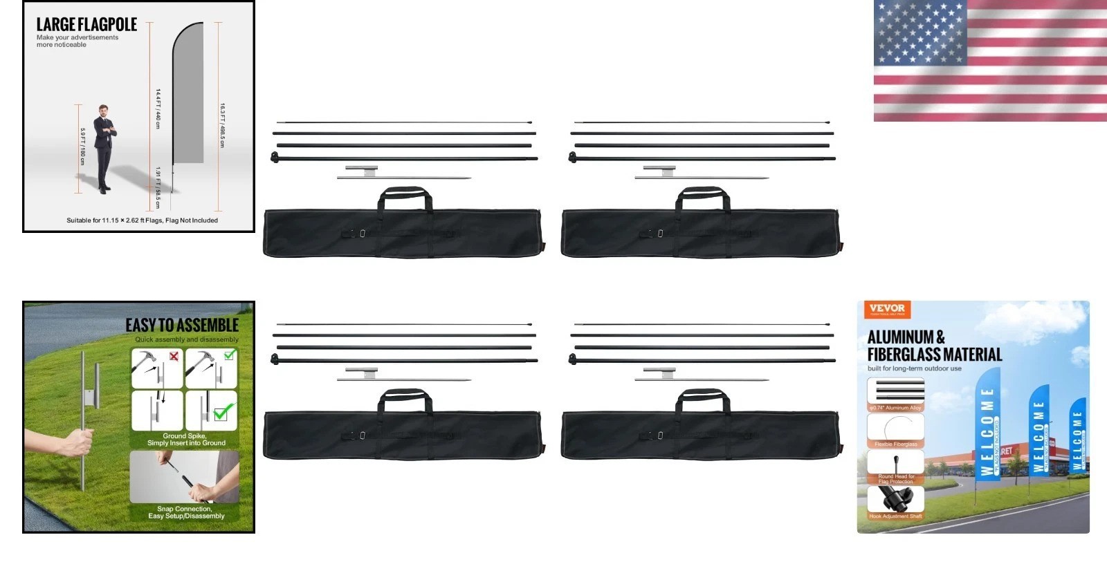Heavy Duty 16.3 Ft Swooper Flag Pole Kit 4 Pack – Durable Aluminum/Fiberglass…