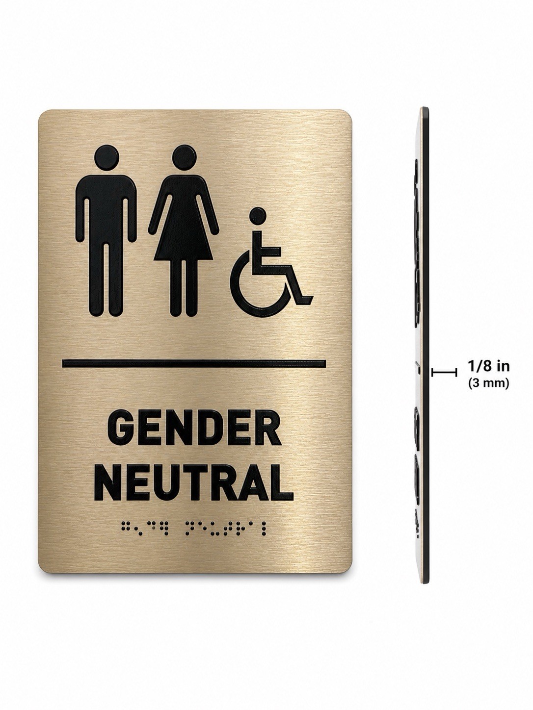 Gender Neutral Restroom Sign 8×6 Brushed Bronze ADA Braille Peel Stick