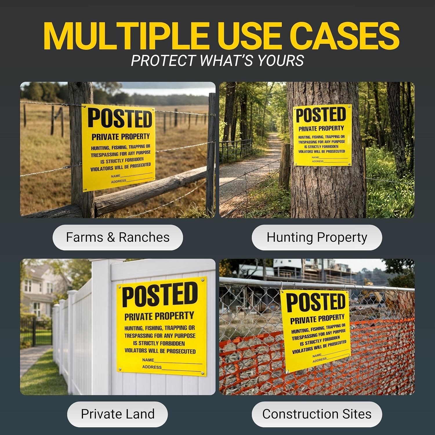 Heavy Duty Posted Signs – No Hunting or Trespassing Yellow 11&Prime; x 11&Prime; 100 Pack