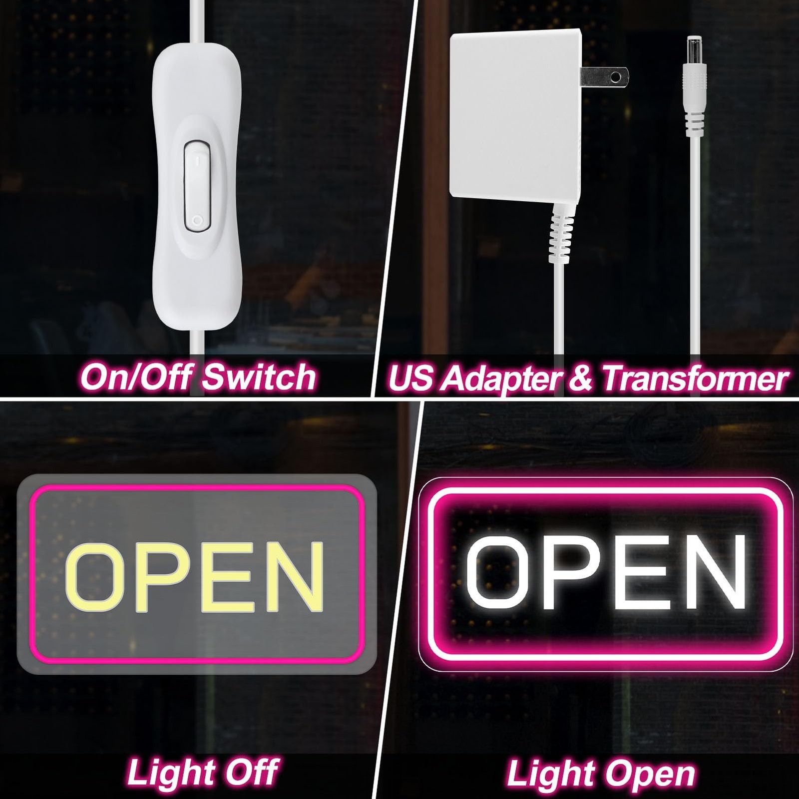 Neon Open Sign – 16 »x 9 » LED Sign, Super Bright Pink & White Neon Light, ON…