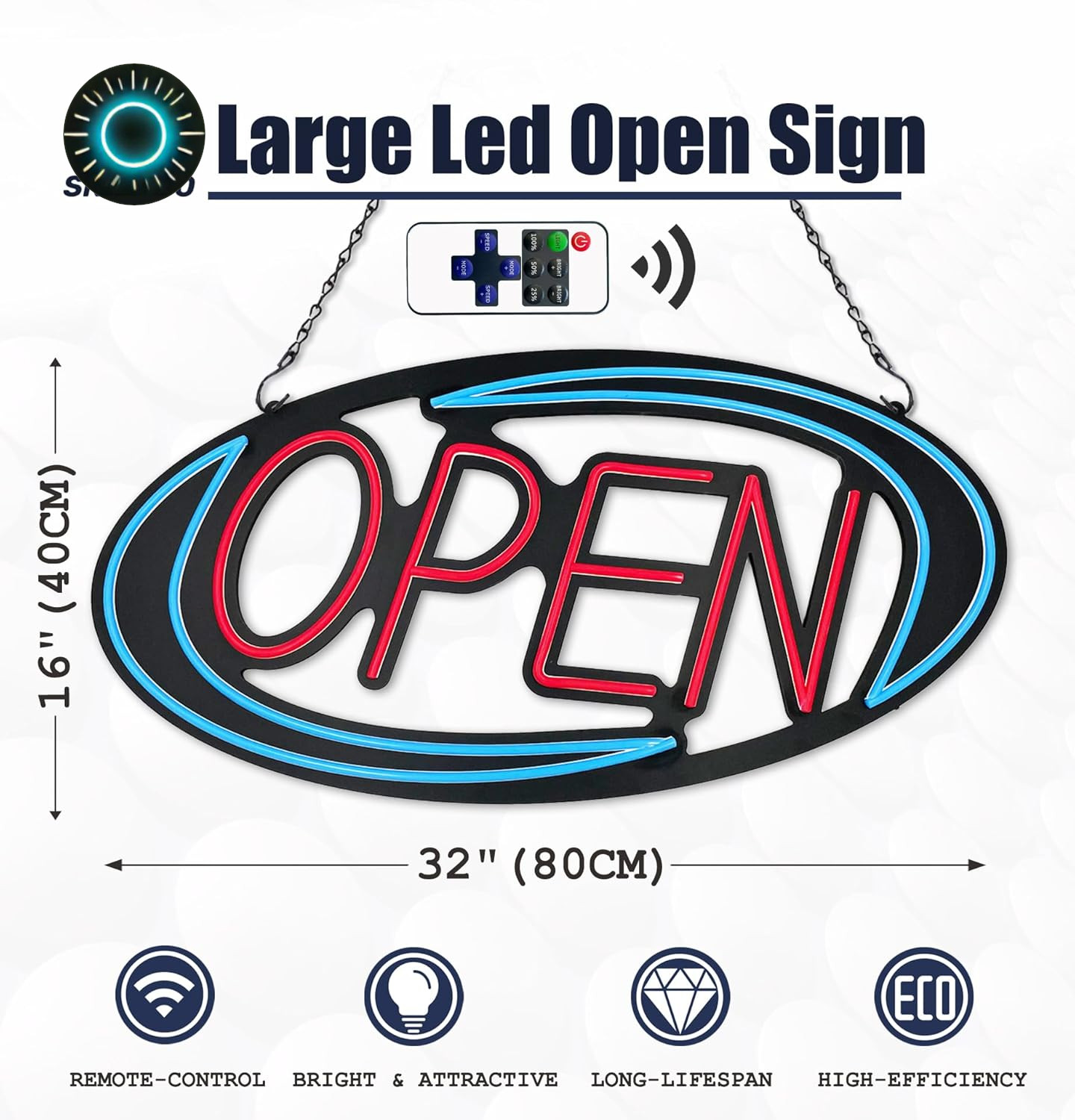 Bright LED Open Sign for Business – 32×16 Inch with Remote Control & Flashing