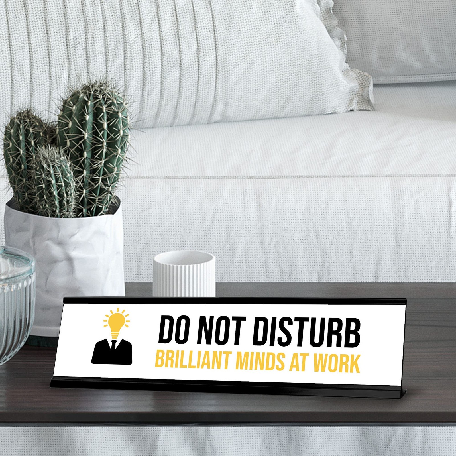 Do Not Disturb Brilliant Minds At Work, Bulb Black Frame, Desk Sign (2×8&Prime;)