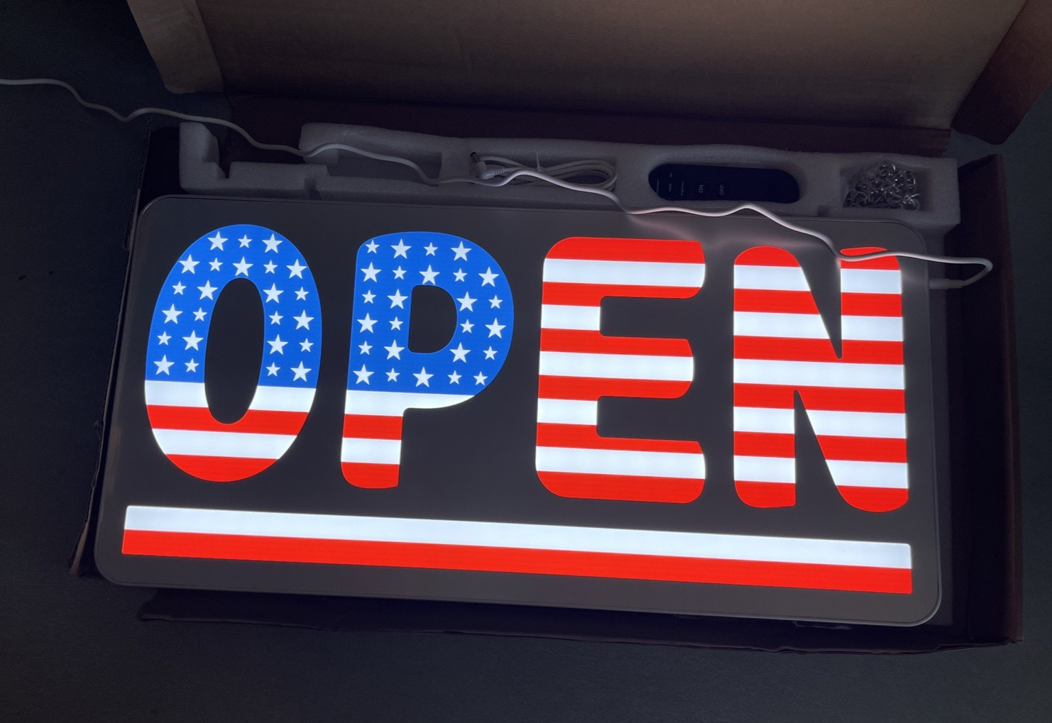 FUNZING 24 » x 12 » Bright Lighted Up Open Sign with Remote USA American Flag