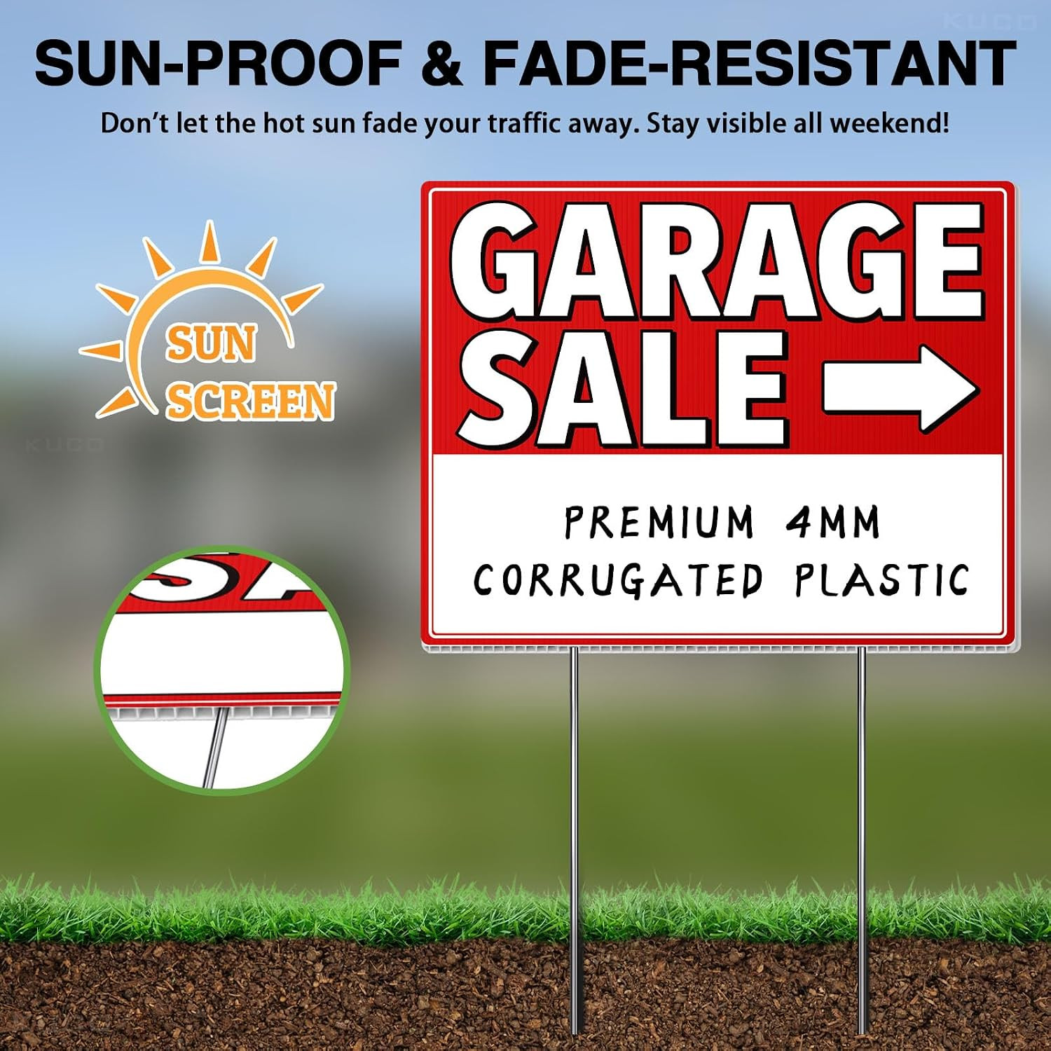 Garage Sale Signs with Stakes (3 Pack Kit) – Double Sided Yard Sale Signs with H