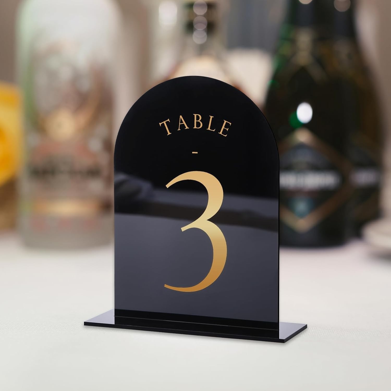 Black Arch Wedding Table Numbers with Stands 1-15, Gold Foil Printed 5×7 Dbl B22