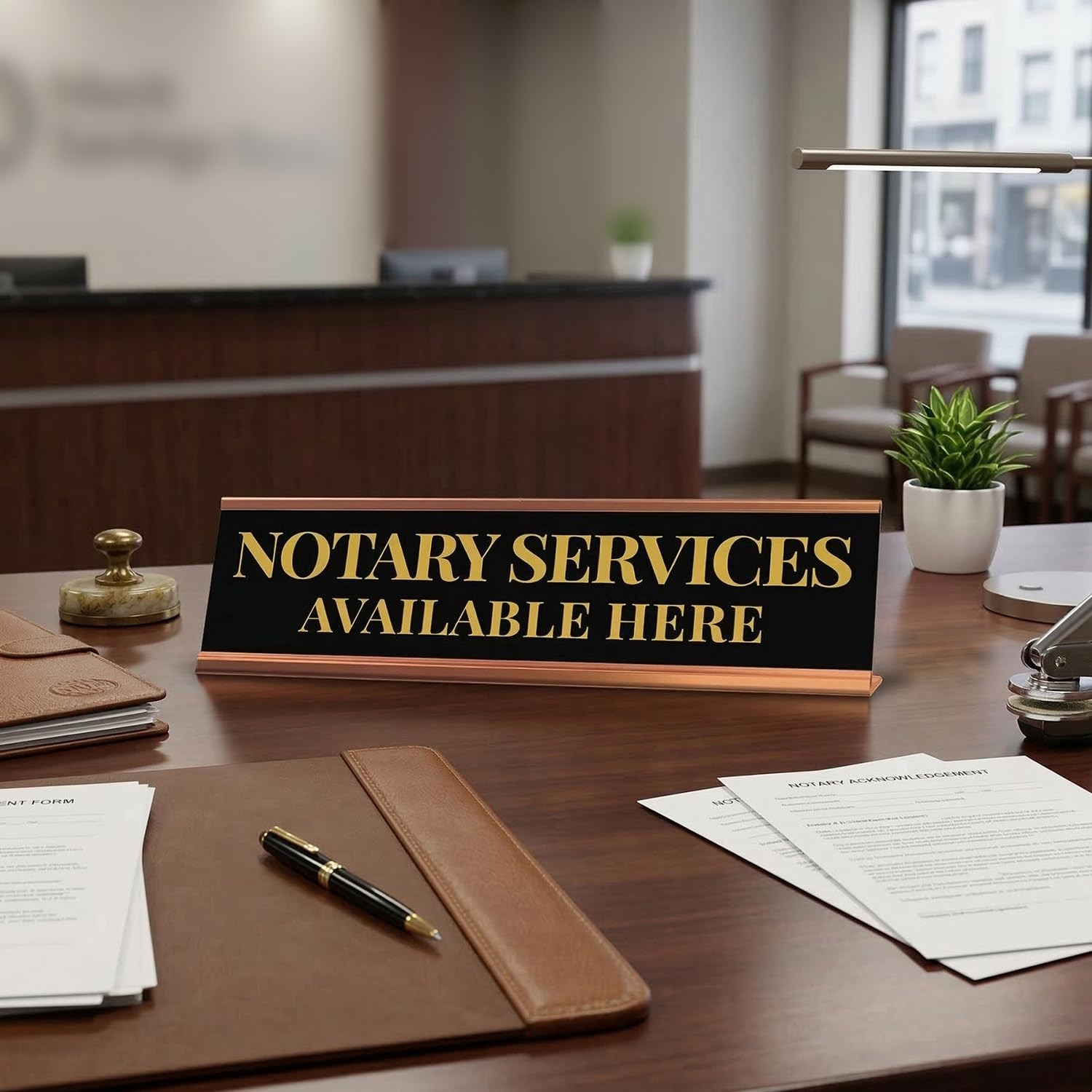 Signs ByLITA Notary Services Available Here Gold Frame Desk Sign (2×8&Prime;)